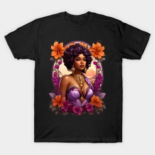 Black Woman in Amethyst Dress retro vintage floral design T-Shirt